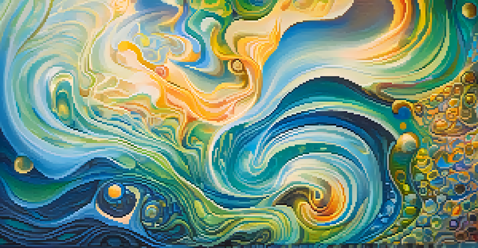 An imaginative dreamscape with swirling colors and patterns, featuring ethereal shapes and bursts of light, embodying a surreal atmosphere.