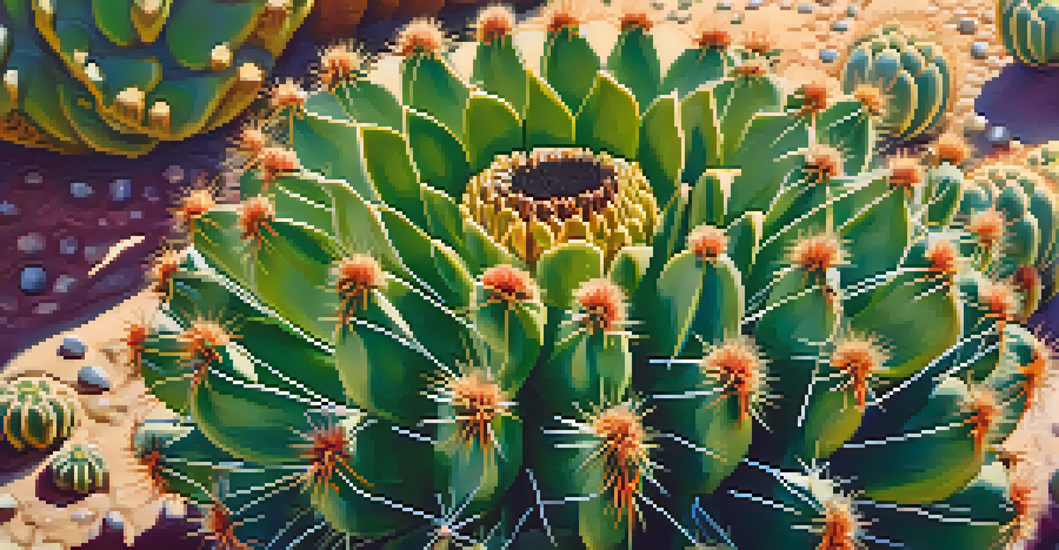 A detailed close-up of a peyote cactus surrounded by green desert plants, illuminated by soft sunlight.