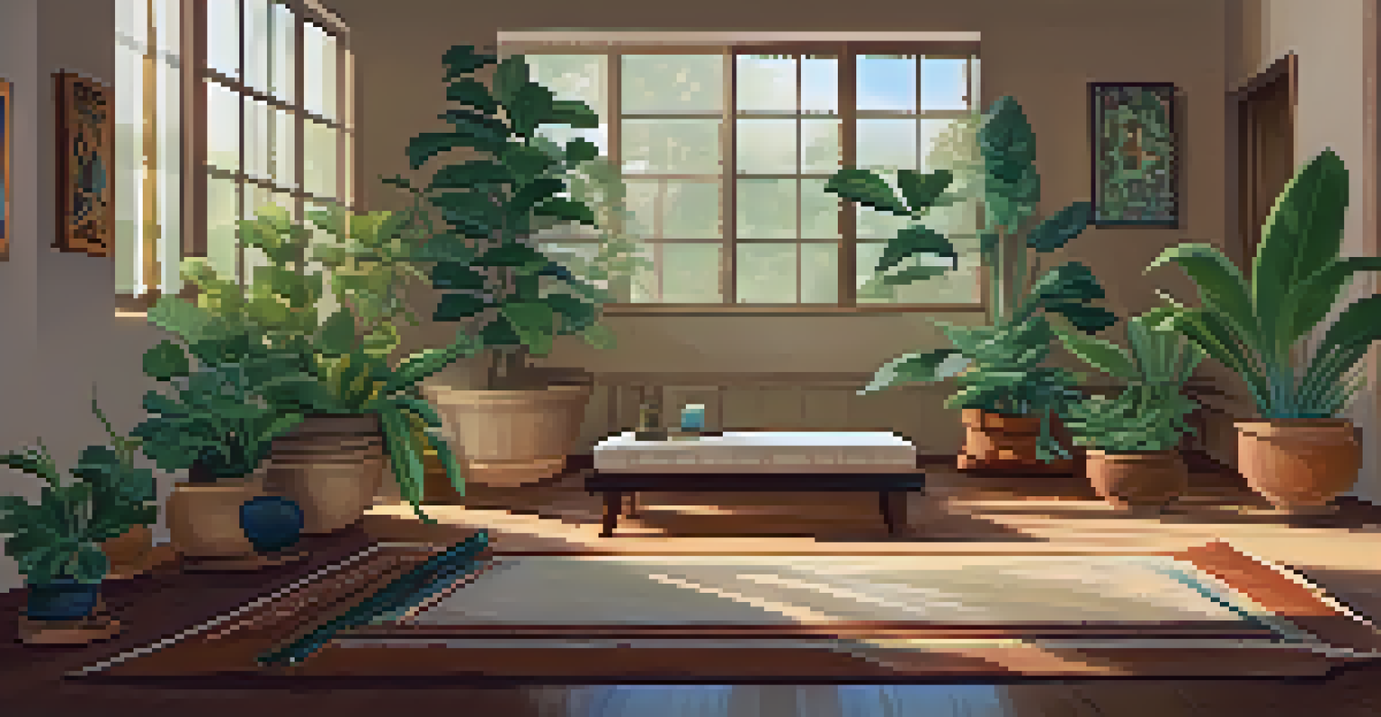 An inviting indoor space for reflection after a Peyote ceremony, with soft lighting, comfortable seating, and a journal on a table.