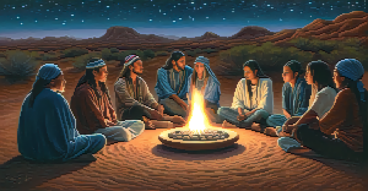 A group of people in a peyote ceremony under a starry sky, gathered around a fire, promoting unity and connection to nature.