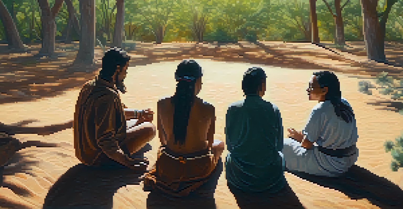 A group of people sharing stories during a Peyote ceremony in a natural setting, with expressions of connection and empathy among them.