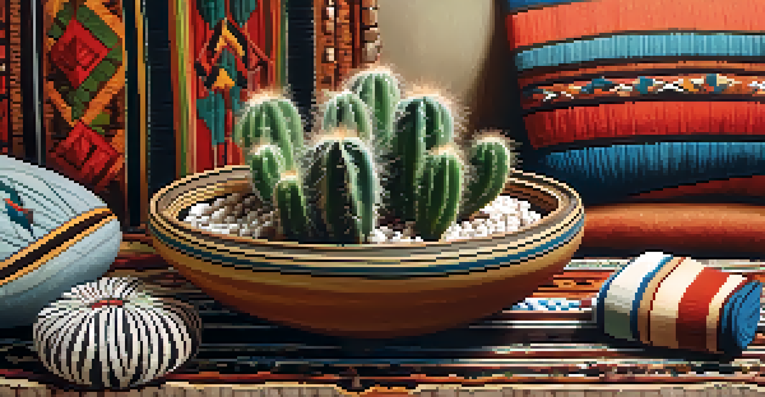 A close-up view of a peyote cactus surrounded by ceremonial items like feathers and textiles, with soft lighting emphasizing the textures.