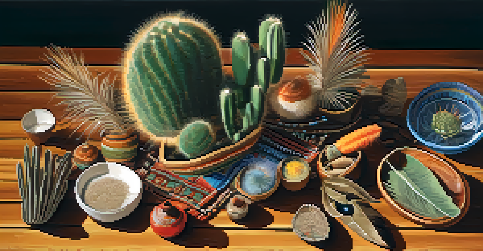 A display of Peyote cactus, feathers, and traditional artifacts on a wooden surface, emphasizing cultural significance.