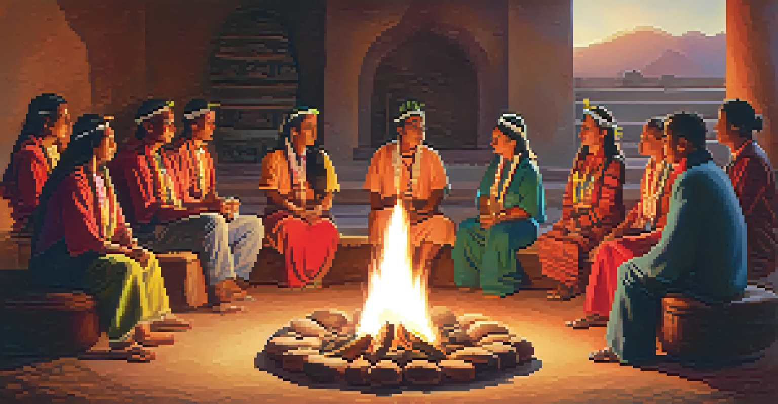 A traditional peyote ceremony with participants in colorful attire gathered around a fire, surrounded by natural decorations.