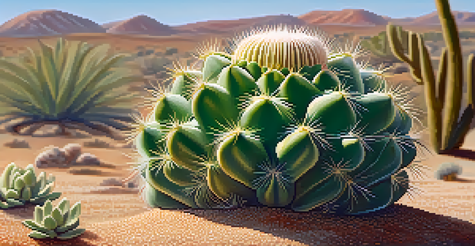 A close-up view of a peyote cactus with a vibrant green color against a soft-focus desert background, highlighting its unique texture and shape.