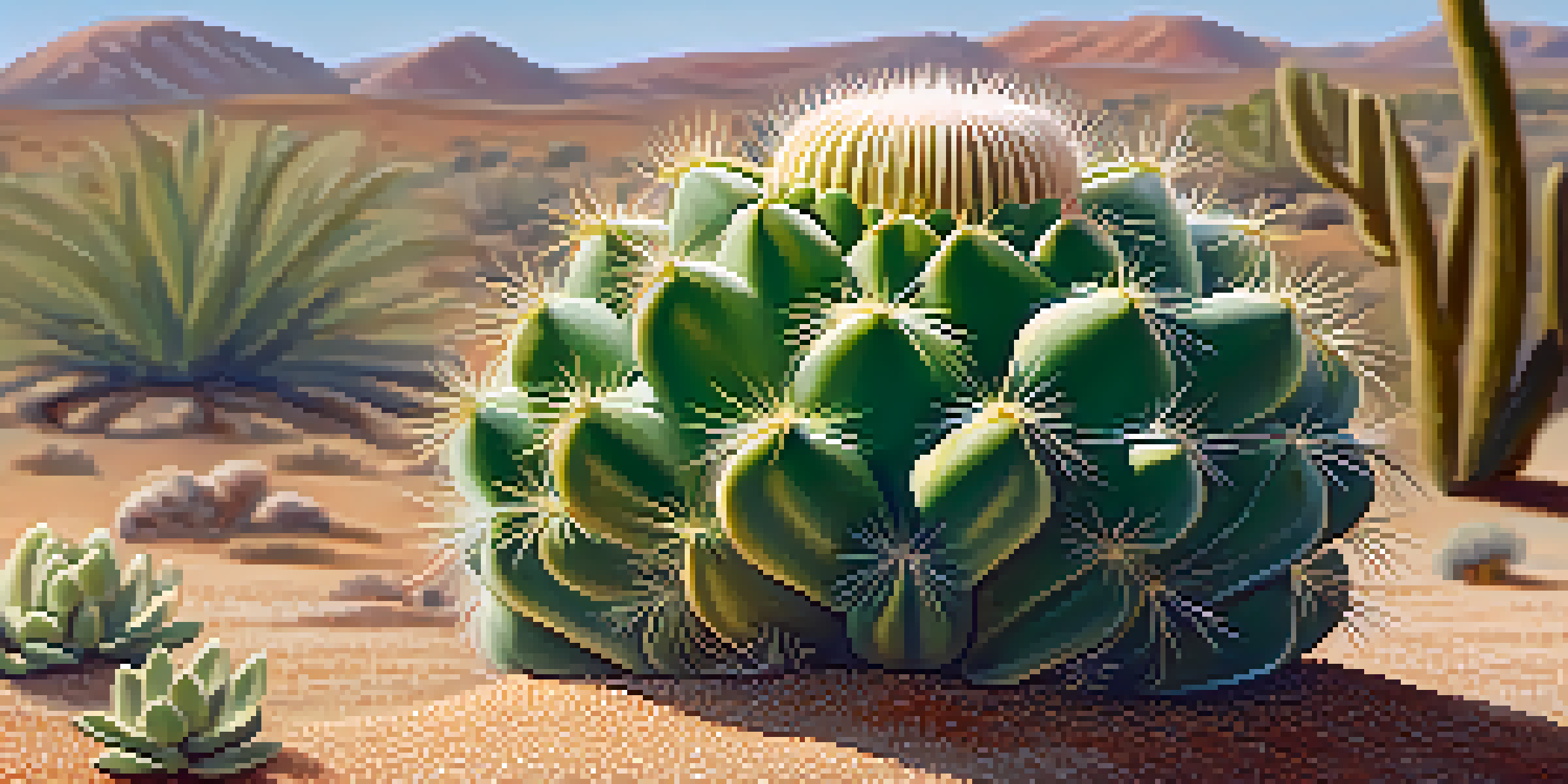 A close-up view of a peyote cactus with a vibrant green color against a soft-focus desert background, highlighting its unique texture and shape.