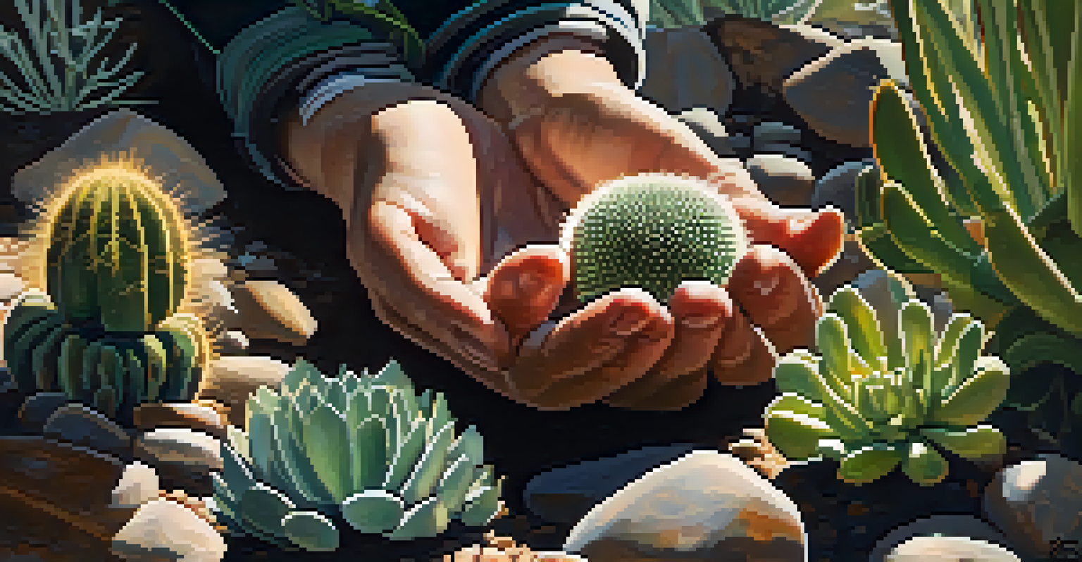 A close-up of a person's hands holding a small peyote cactus with natural elements around.