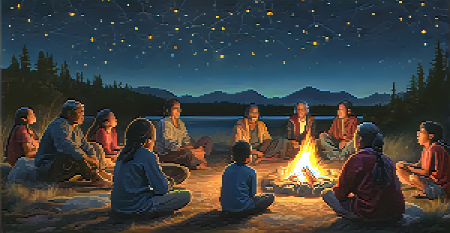 An Indigenous elder telling a story by a campfire at night with captivated listeners.