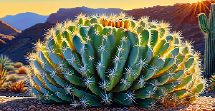 Close-up view of a peyote cactus in a desert setting, with sunlight illuminating its vibrant colors and intricate patterns.