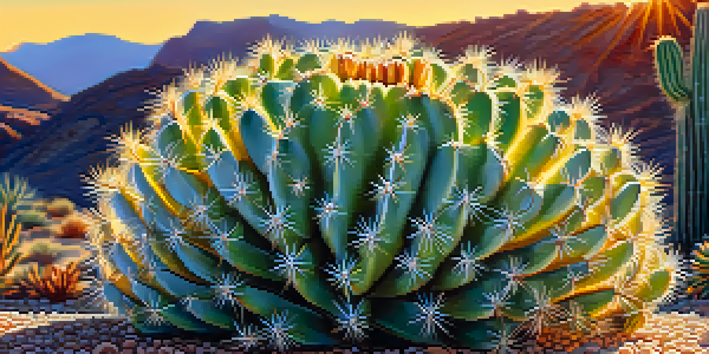 Close-up view of a peyote cactus in a desert setting, with sunlight illuminating its vibrant colors and intricate patterns.