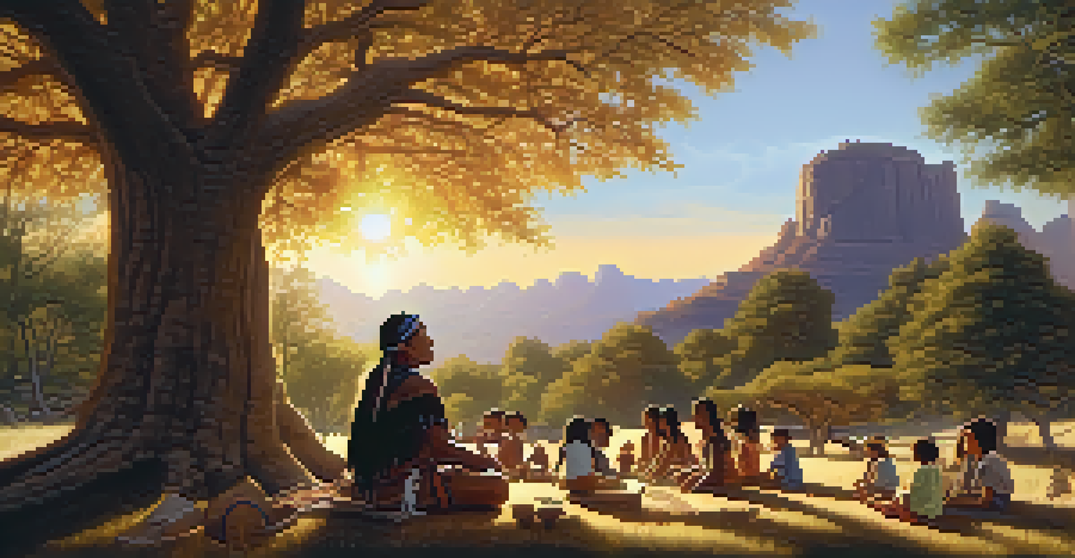 A Native American elder sharing stories with children under a large tree, with a warm sunset in the background.