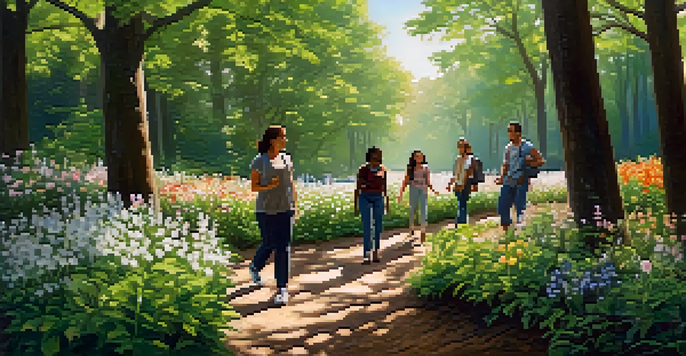 A diverse group of people walking together in a lush forest, sharing stories amidst greenery and sunlight.