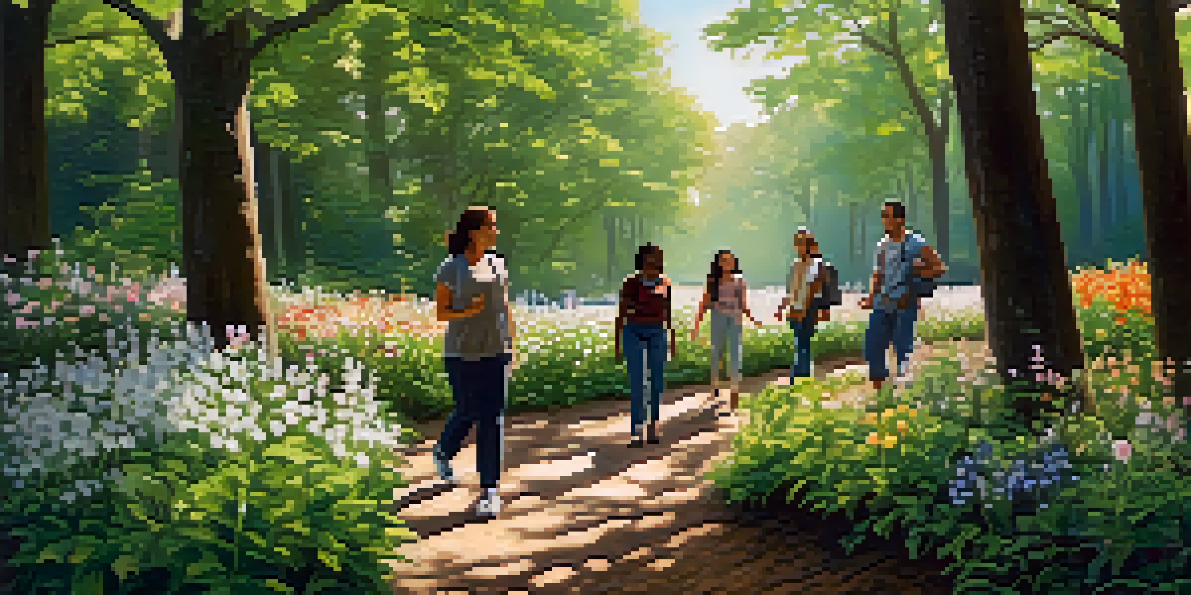 A diverse group of people walking together in a lush forest, sharing stories amidst greenery and sunlight.