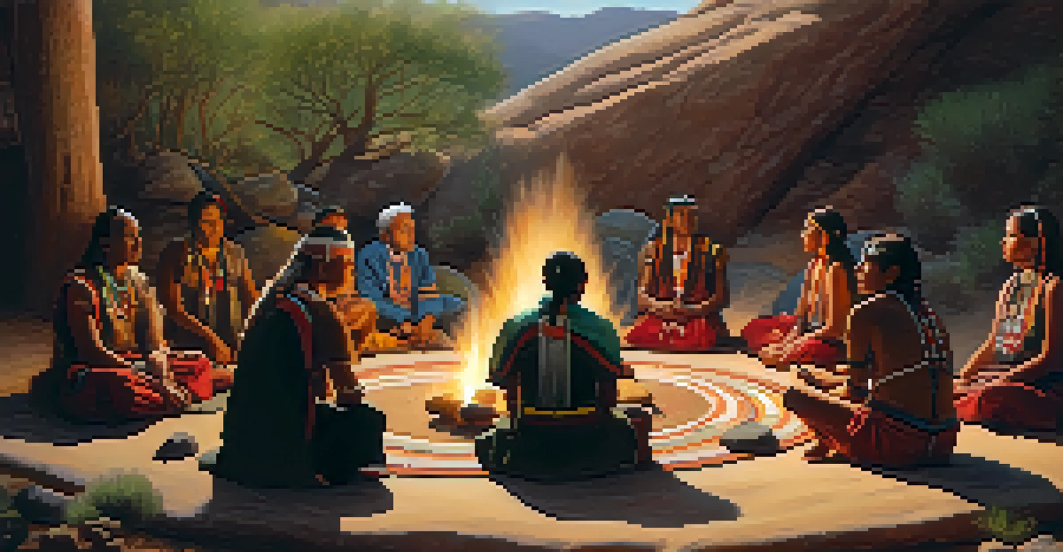 A ceremonial gathering of Indigenous people in a circle surrounded by nature, with warm lighting creating a sacred atmosphere.