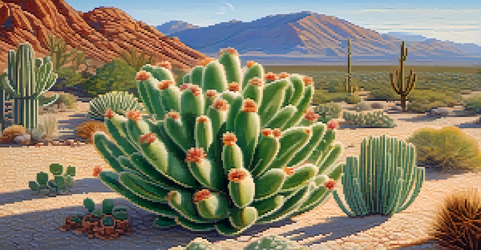 A close-up of a blooming peyote cactus in a serene desert landscape, surrounded by sandy terrain and distant mountains.
