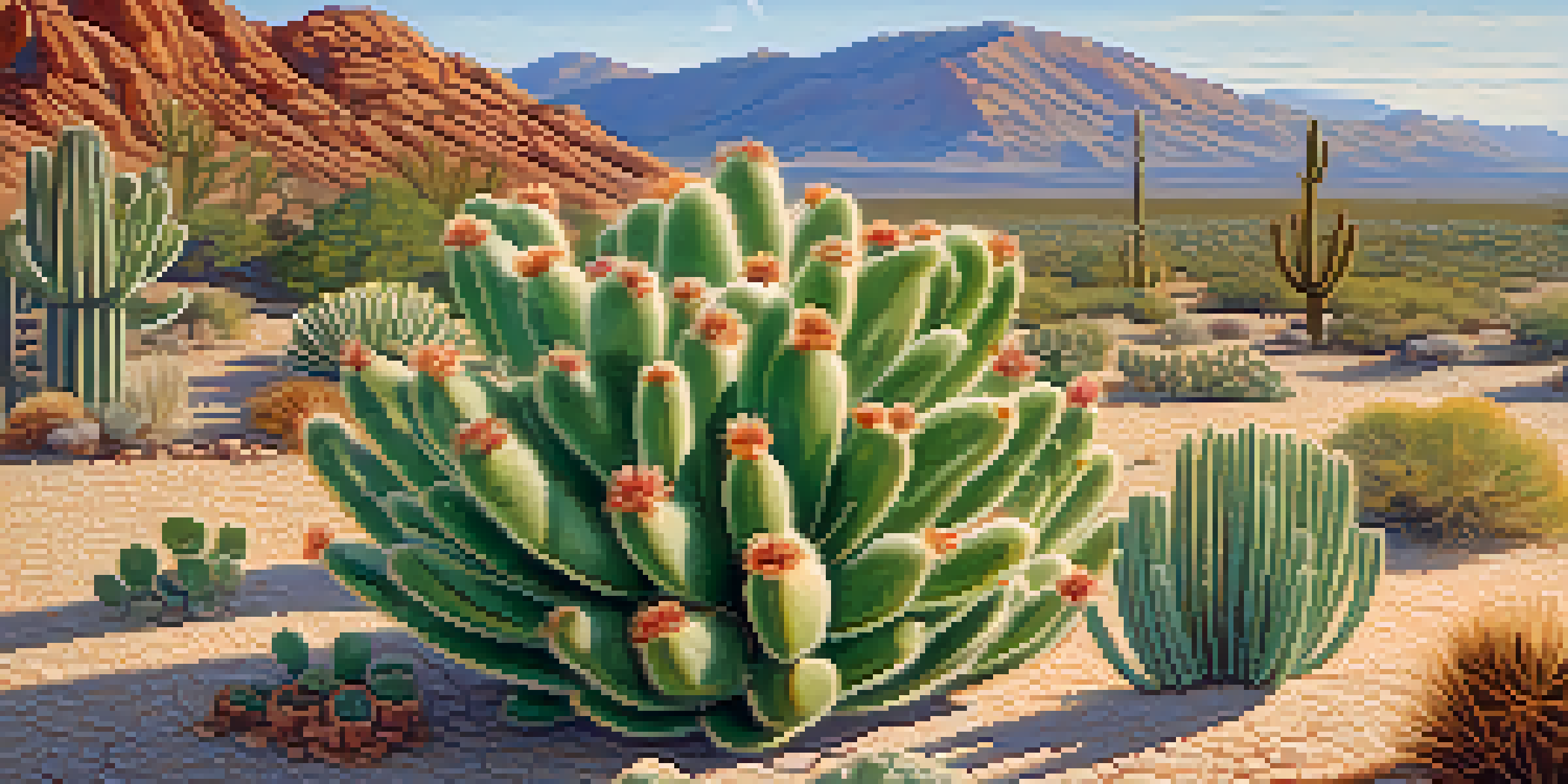 A close-up of a blooming peyote cactus in a serene desert landscape, surrounded by sandy terrain and distant mountains.