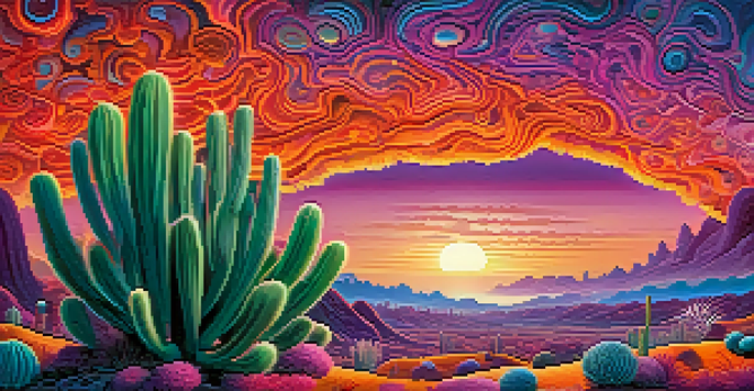 A surreal landscape with a giant peyote cactus and colorful swirling patterns, under a vibrant sky.
