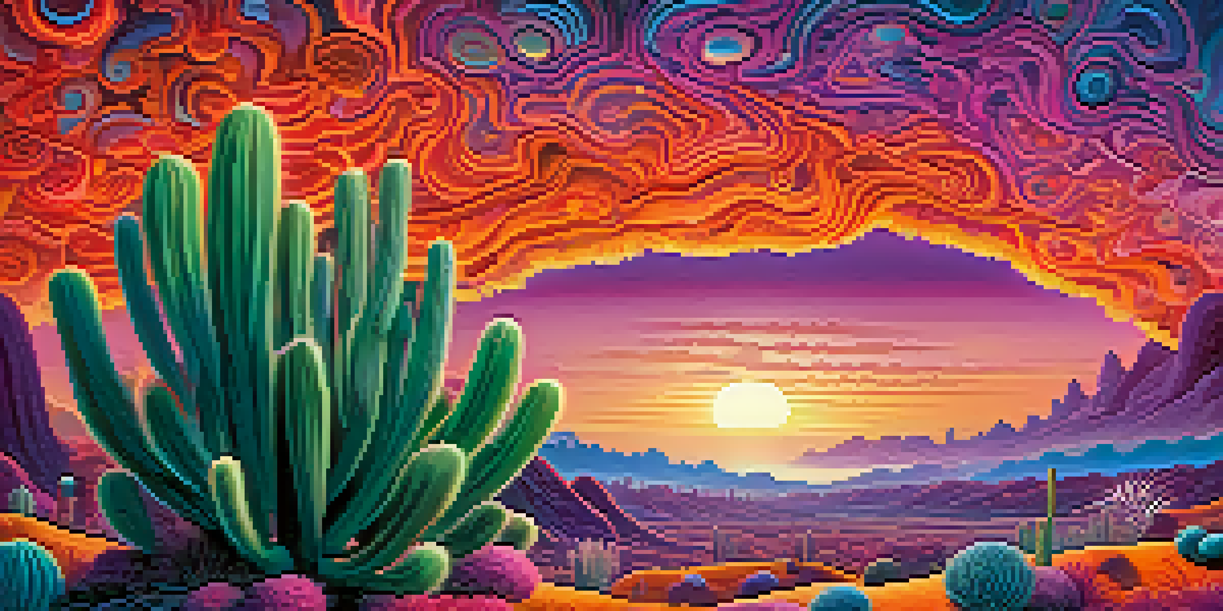A surreal landscape with a giant peyote cactus and colorful swirling patterns, under a vibrant sky.