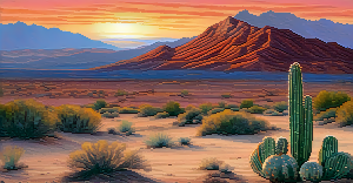 A peaceful desert scene with a small peyote cactus at sunset, showcasing a colorful sky and distant mountains.