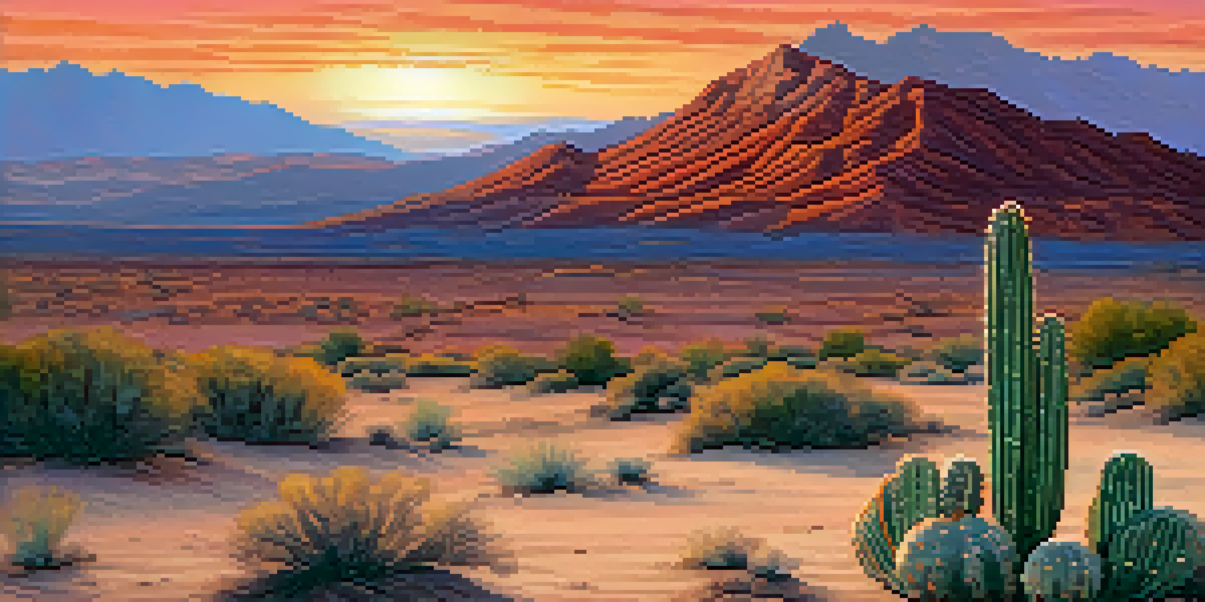 A peaceful desert scene with a small peyote cactus at sunset, showcasing a colorful sky and distant mountains.