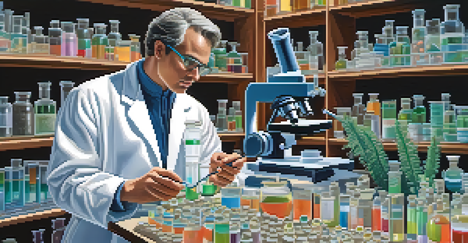 A scientist in a laboratory examining Peyote samples with research materials in the background, representing the blend of ancient wisdom and modern science.