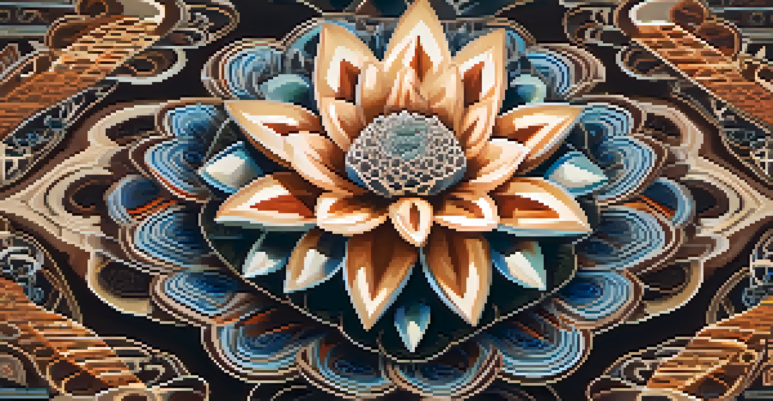 Artistic depiction of a Peyote plant surrounded by traditional Indigenous symbols and patterns, featuring rich earth tones.