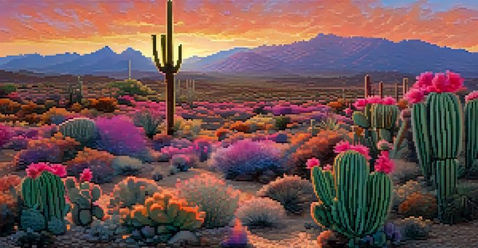 A peaceful sunset over a field of peyote cacti, with vibrant colors and detailed textures.