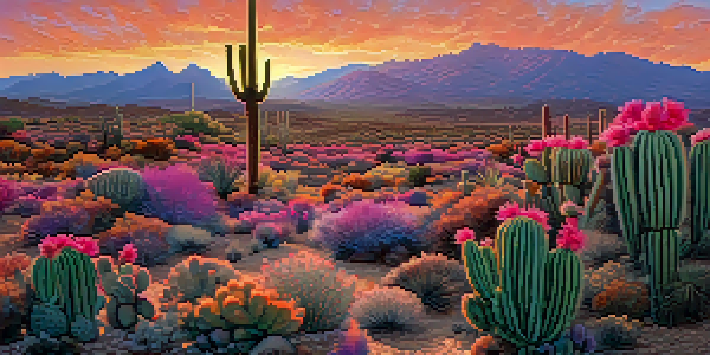 A peaceful sunset over a field of peyote cacti, with vibrant colors and detailed textures.