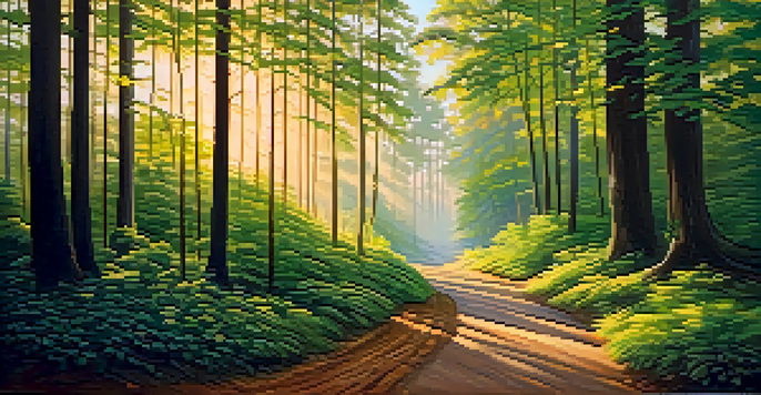 A peaceful forest scene at dawn with sunlight filtering through the trees and a soft pathway.