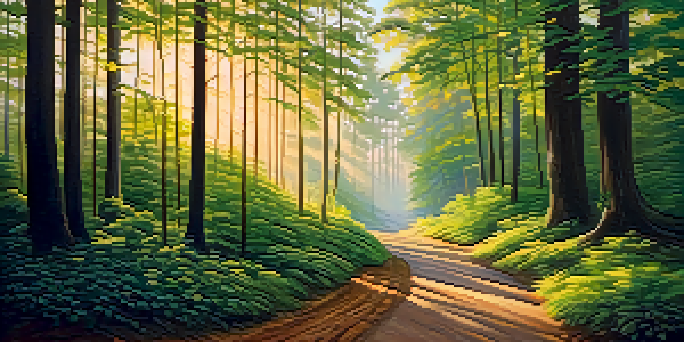 A peaceful forest scene at dawn with sunlight filtering through the trees and a soft pathway.