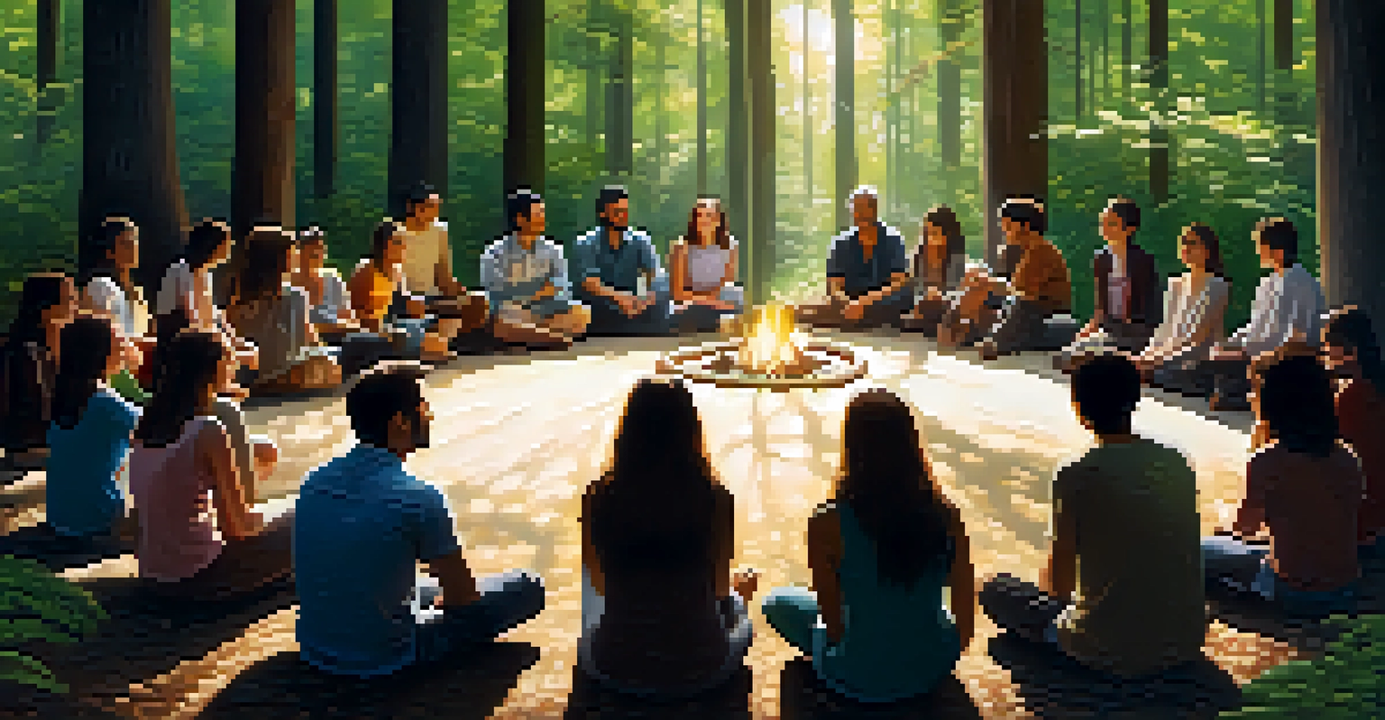 A group of people in a circle in a forest, sharing their experiences, with sunlight streaming through the trees.