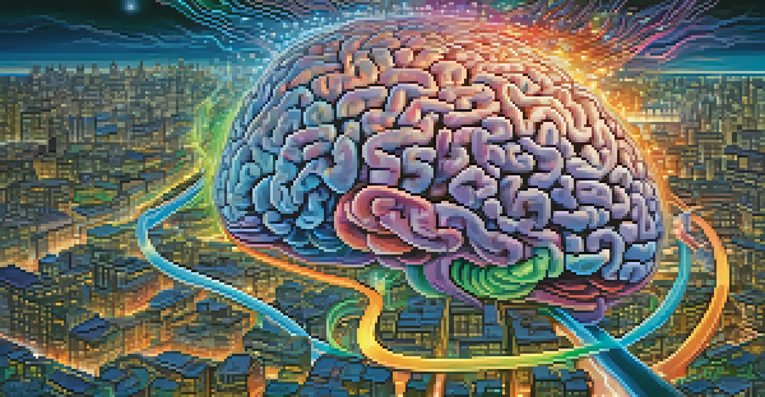 An artistic depiction of a brain as a city, with colorful roads and glowing lights representing neural connections.