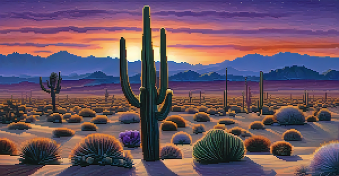 A tranquil desert scene at twilight featuring a peyote cactus silhouetted against a colorful sky.