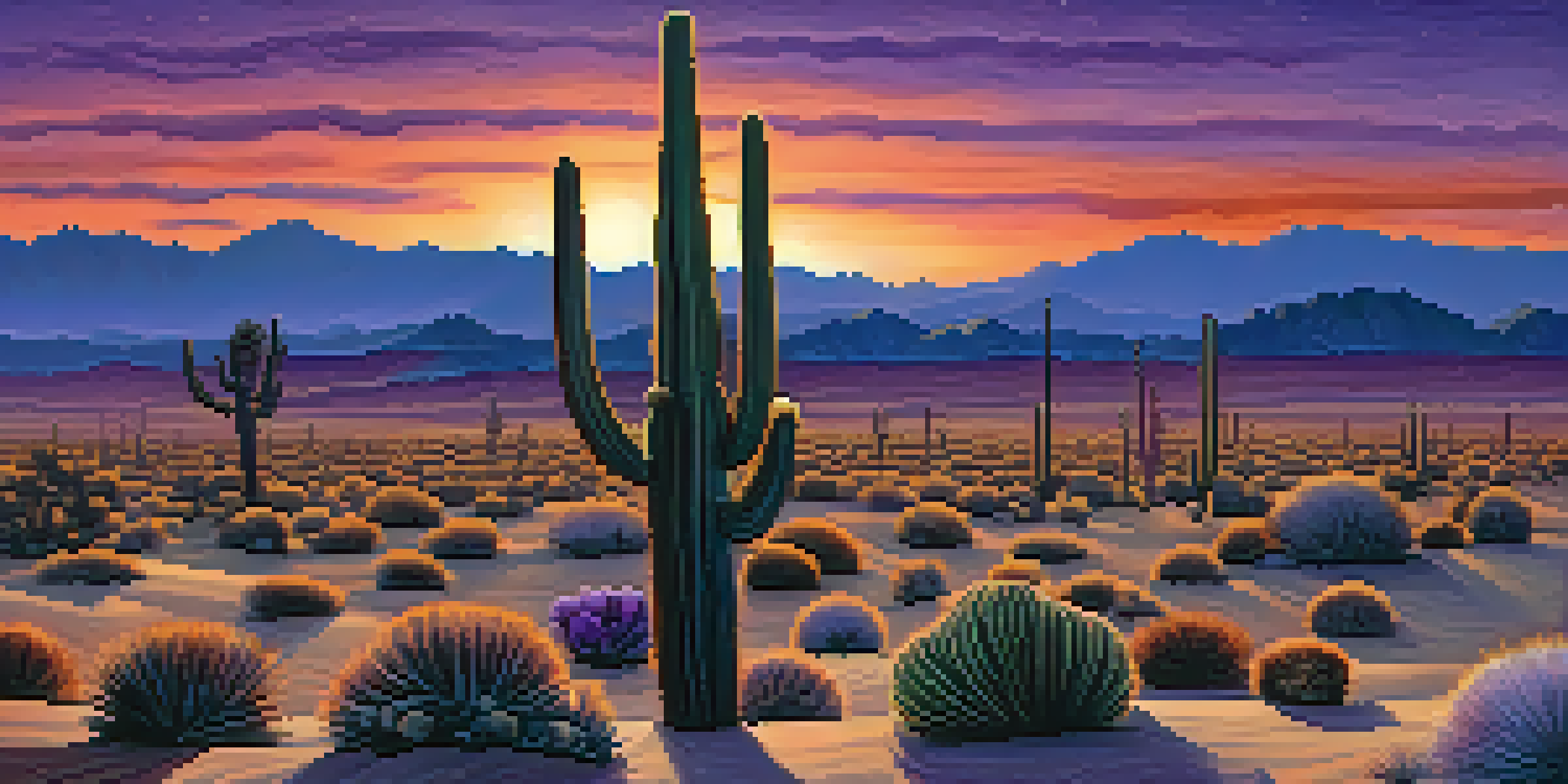A tranquil desert scene at twilight featuring a peyote cactus silhouetted against a colorful sky.
