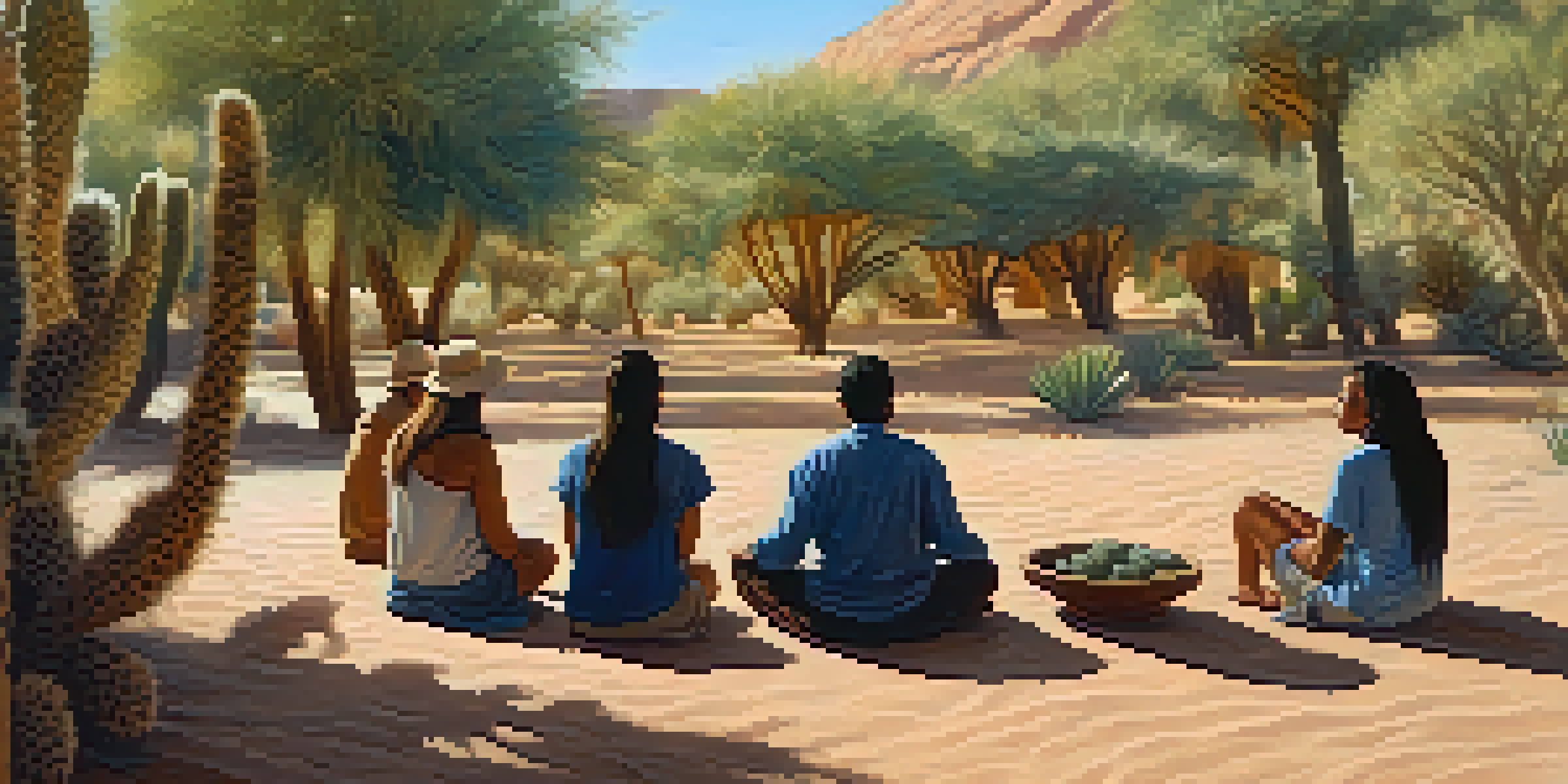 A diverse group of people sitting in a circle under a large Peyote cactus, engaged in conversation in a sunlit desert landscape.