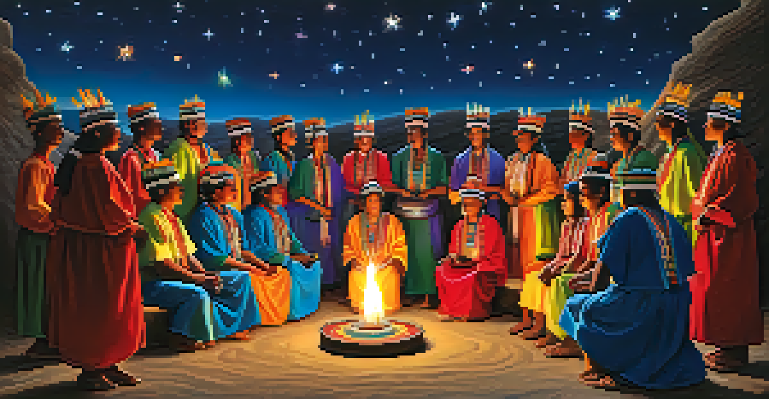 Participants in a peyote ceremony singing and drumming, dressed in traditional attire, with colorful lanterns and a starry night sky in the background.