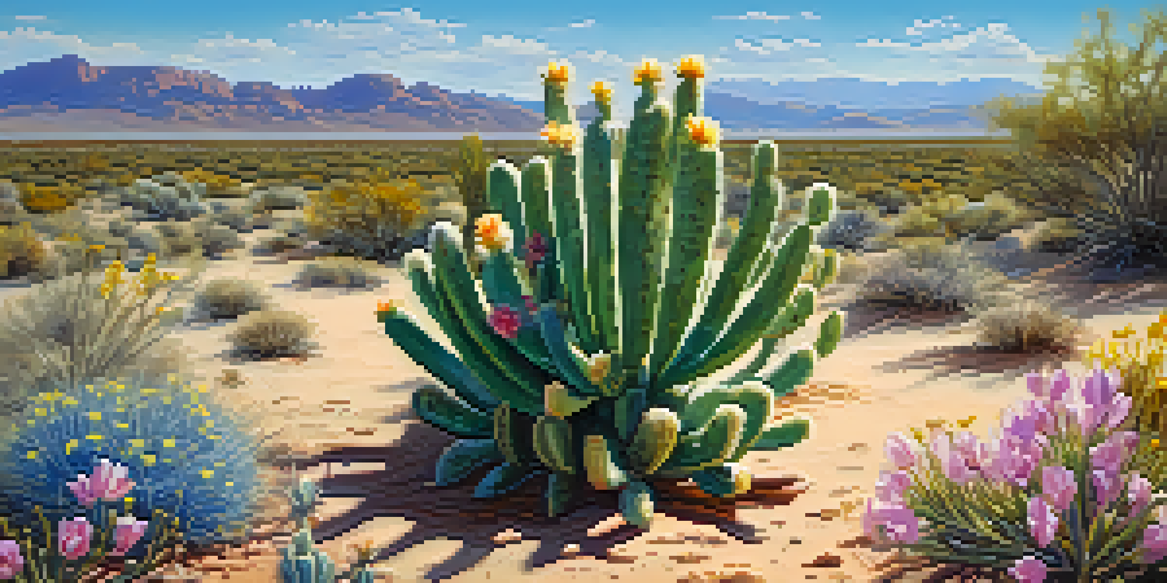 A peyote cactus in a desert with colorful wildflowers and a clear blue sky.