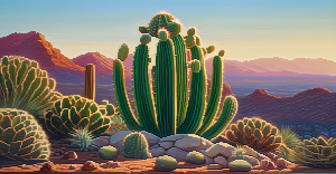 A peyote cactus surrounded by desert plants, illuminated by golden hour sunlight, with intricate texture details.
