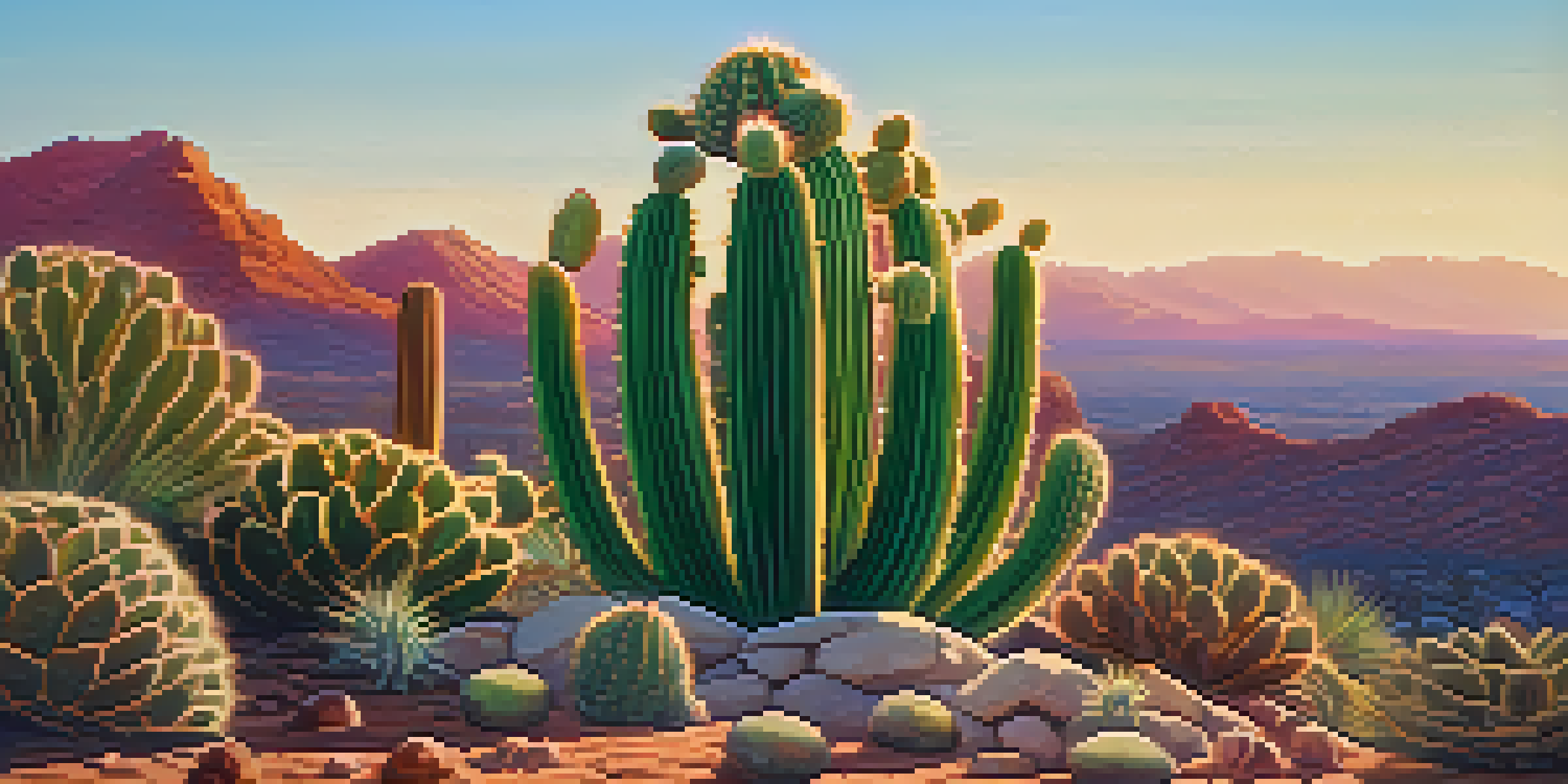 A peyote cactus surrounded by desert plants, illuminated by golden hour sunlight, with intricate texture details.
