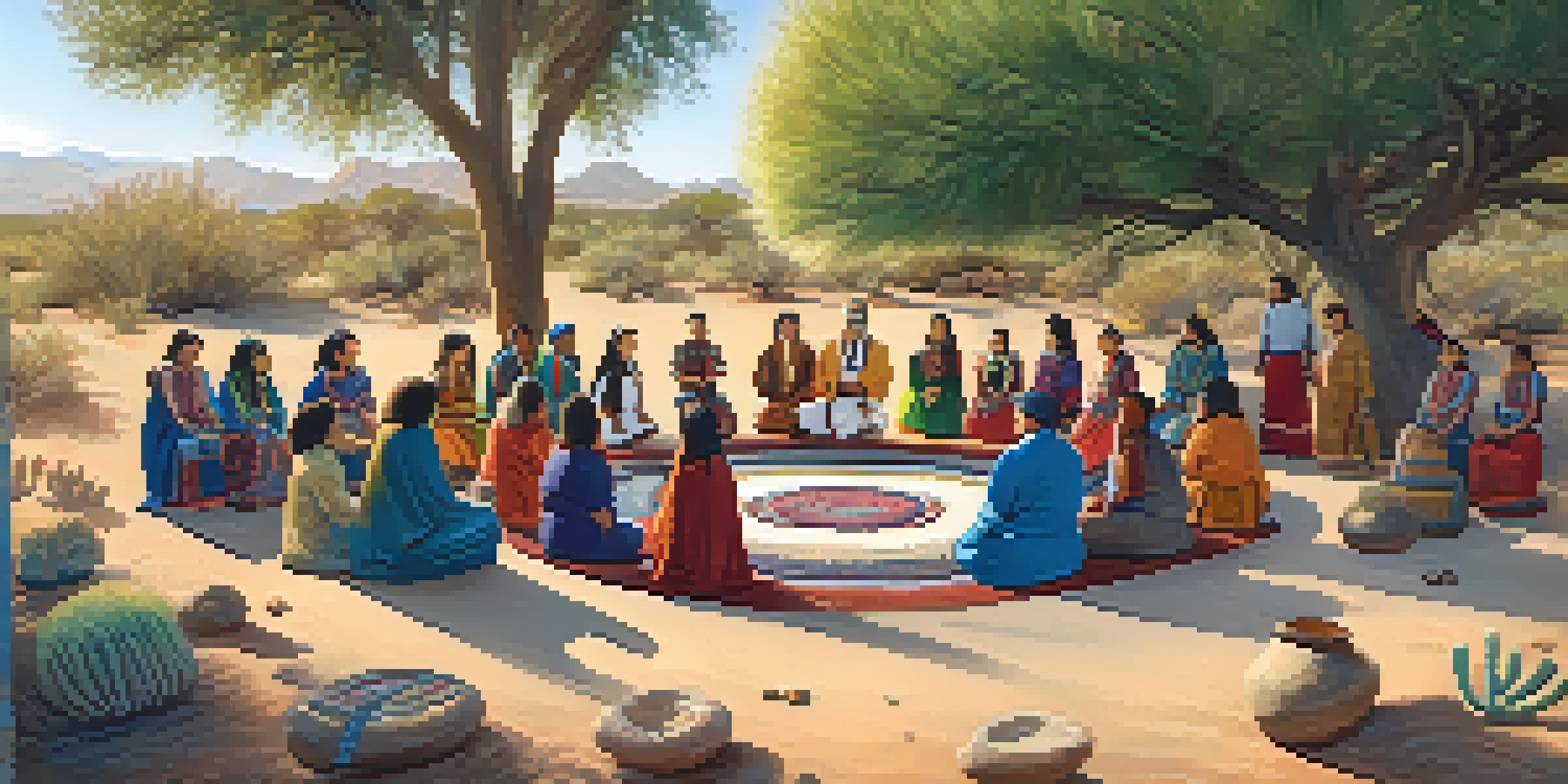 A group of people participating in a peyote healing ceremony, sitting in a circle with an altar in the middle, surrounded by nature and warm sunlight.