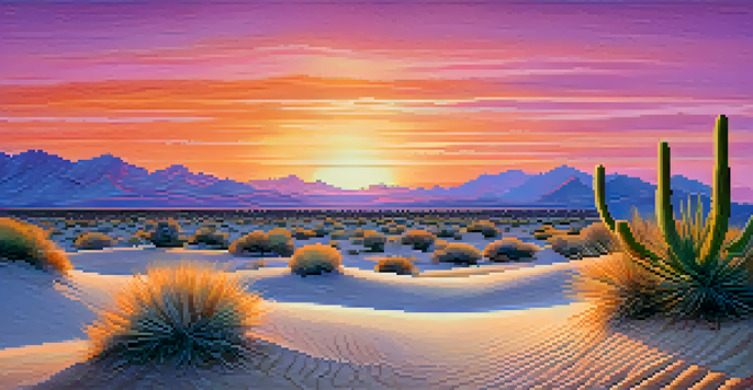 A peaceful desert scene with a peyote cactus in front of colorful sunset skies.