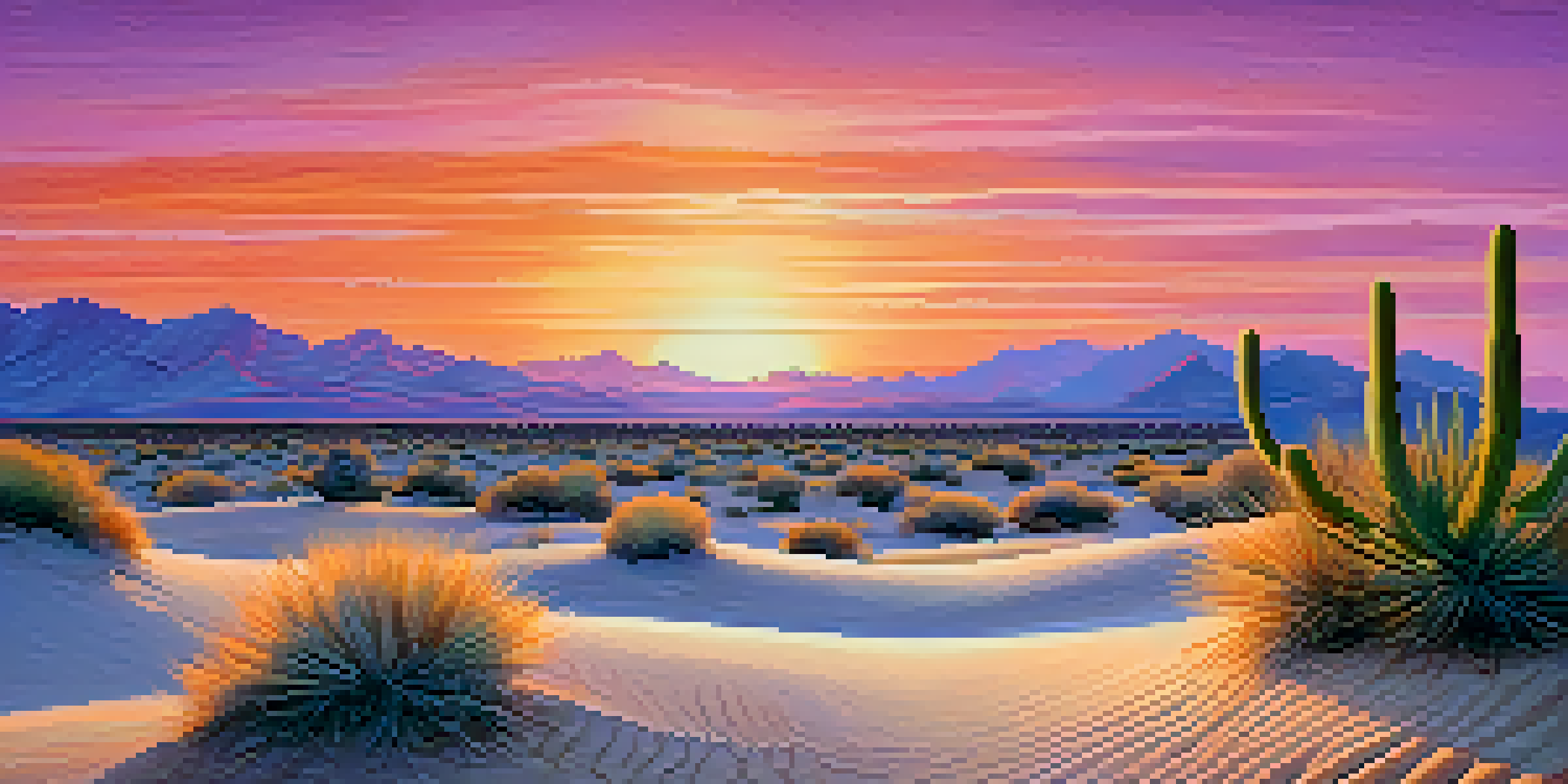 A peaceful desert scene with a peyote cactus in front of colorful sunset skies.