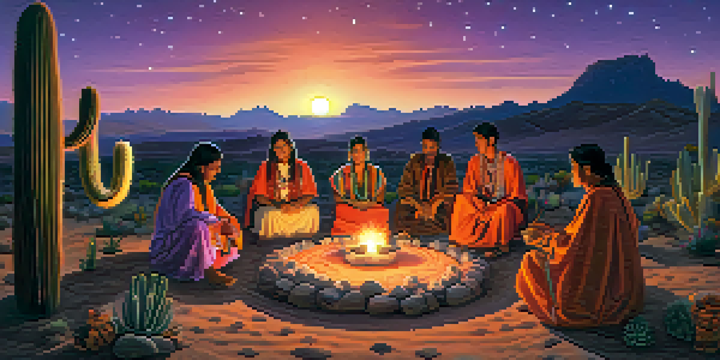 Indigenous men and women participating in a peyote ceremony at dusk, surrounded by a desert landscape and illuminated by lanterns.