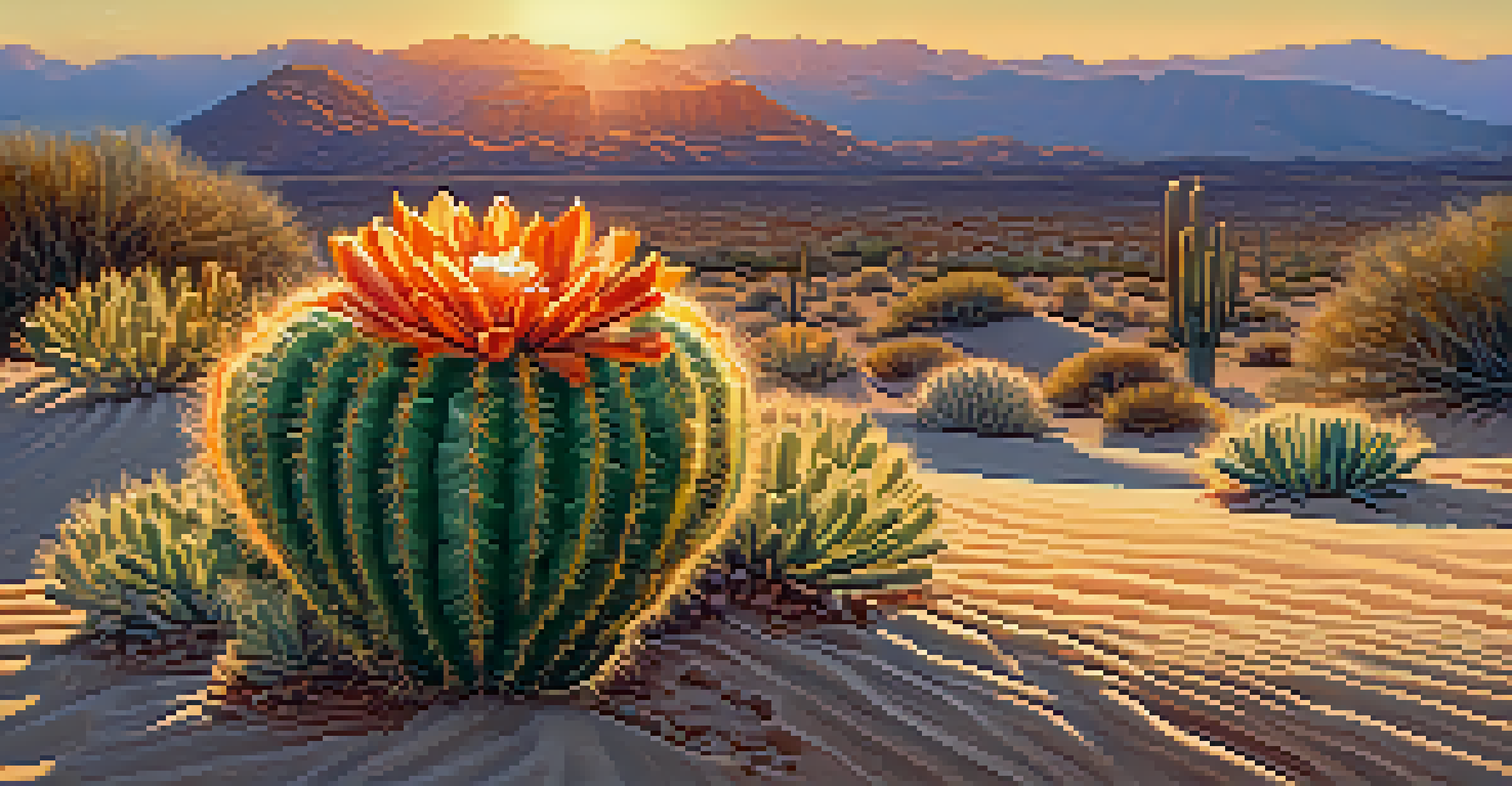 A serene desert scene with a peyote cactus at sunset, surrounded by golden sands and small desert flowers.
