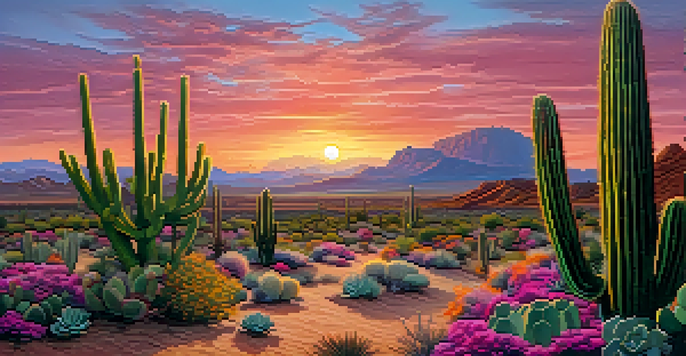 Desert landscape at sunset with Peyote cacti, showcasing vibrant green cacti and pink flowers under an orange and purple sky.