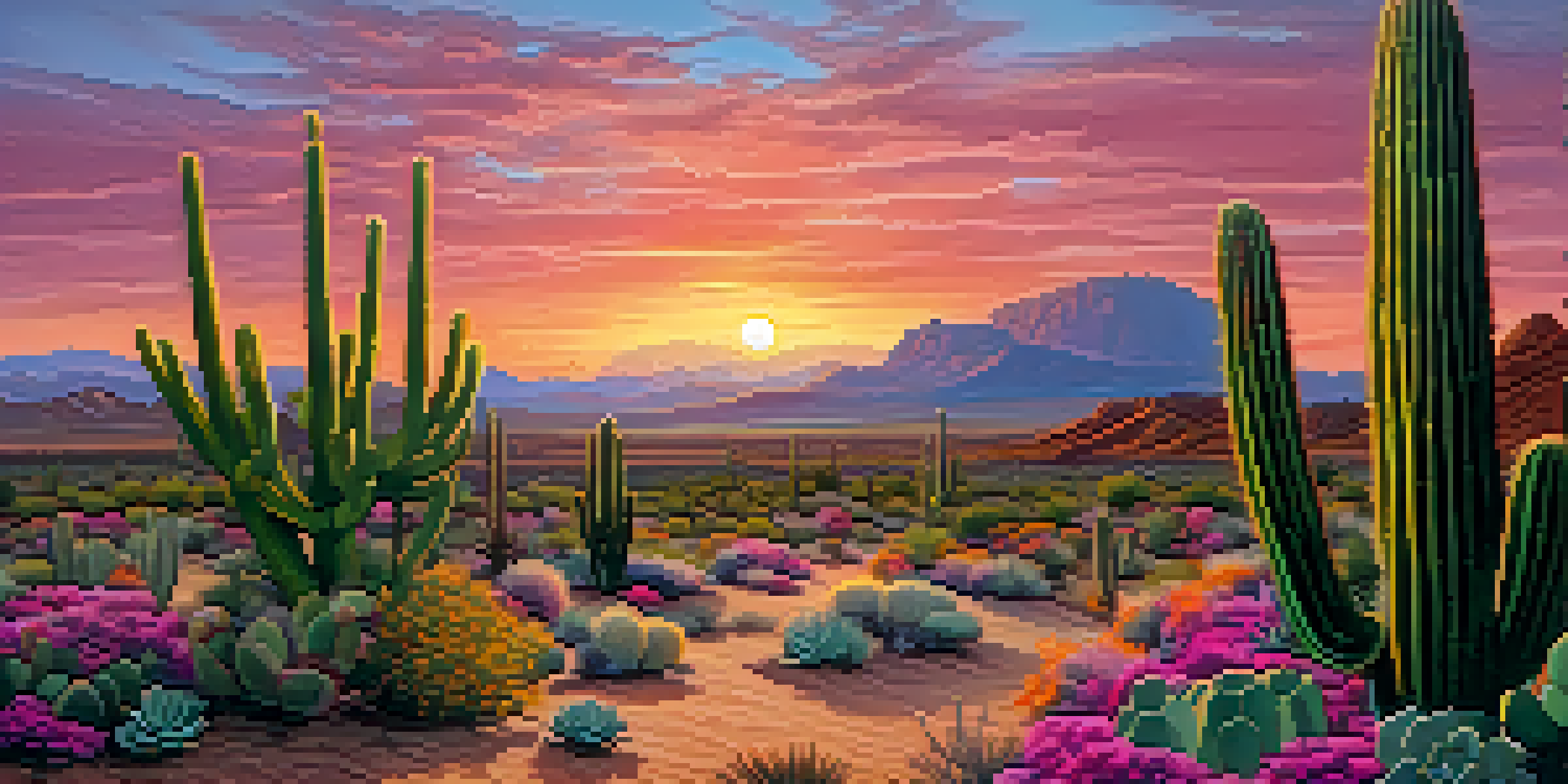 Desert landscape at sunset with Peyote cacti, showcasing vibrant green cacti and pink flowers under an orange and purple sky.