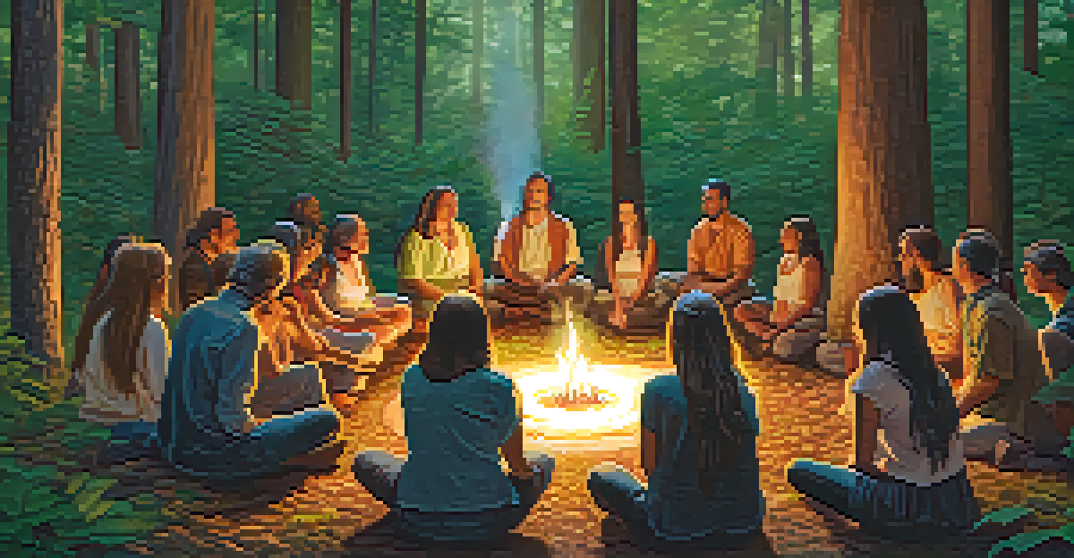 A group of individuals in a forest clearing engaged in a vision quest ceremony around a central fire, sharing stories in a circle.