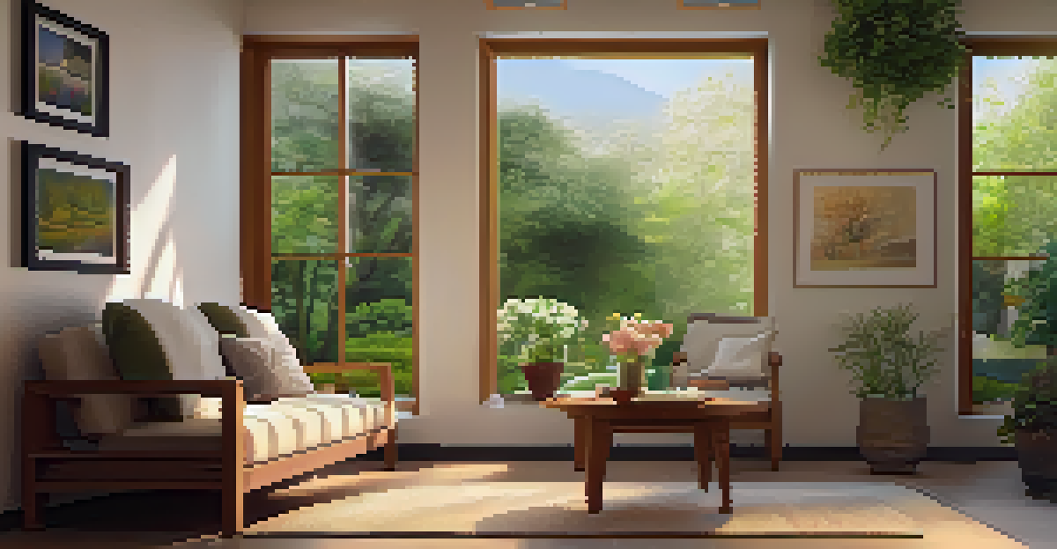 A serene therapeutic space filled with soft cushions and calming artwork, with a window showing a beautiful garden outside, designed for introspection.