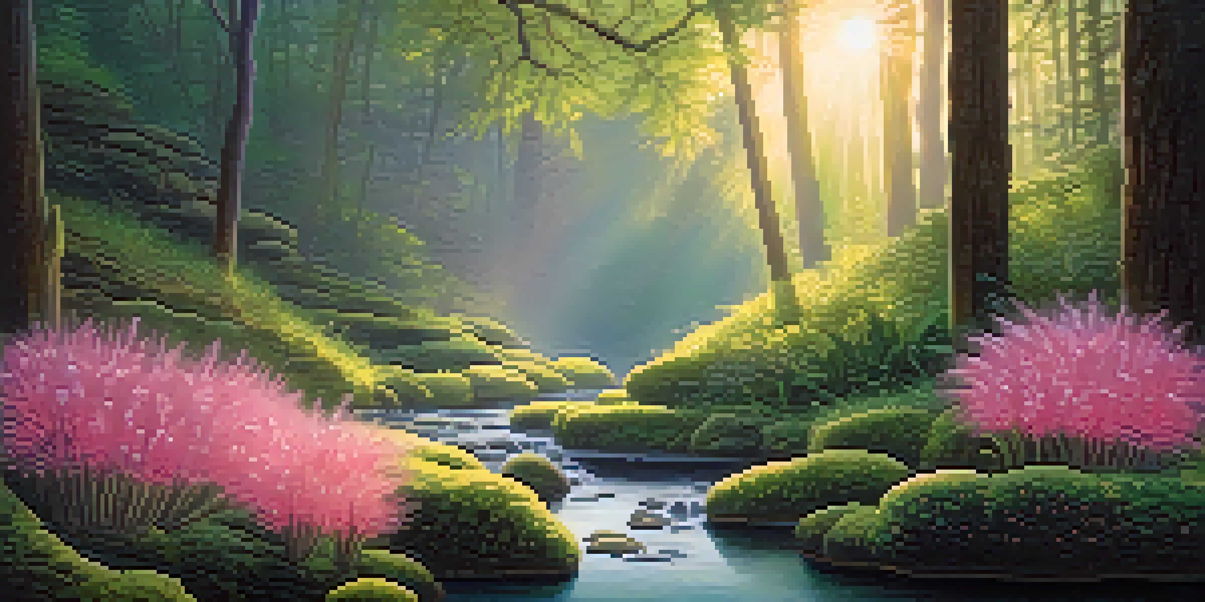 A tranquil forest scene at dawn with sunlight filtering through trees, a pink-flowered cactus in the foreground, and a gentle stream in the background.