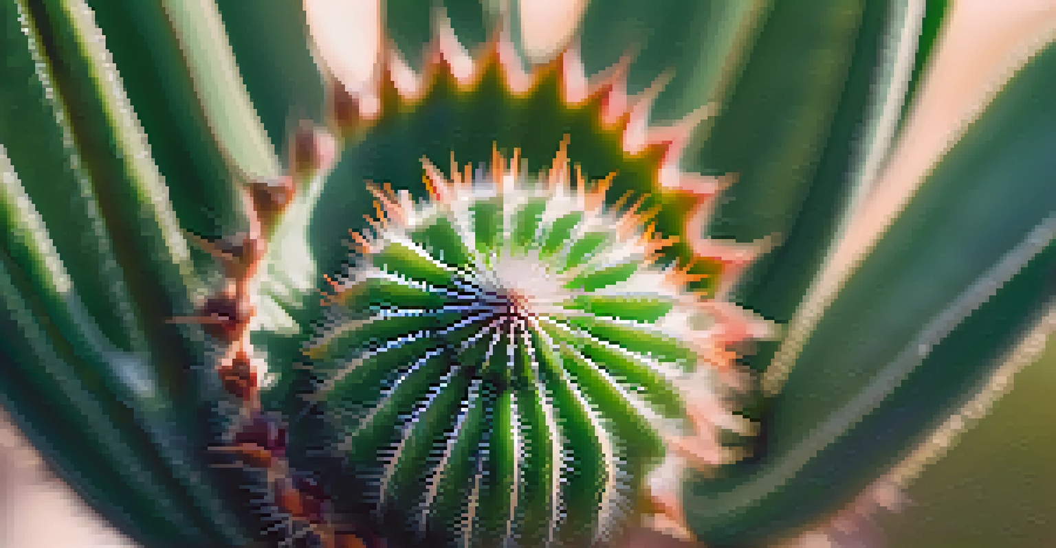A close-up of a peyote cactus, showcasing its details and vibrant green color with sunlight illuminating it.